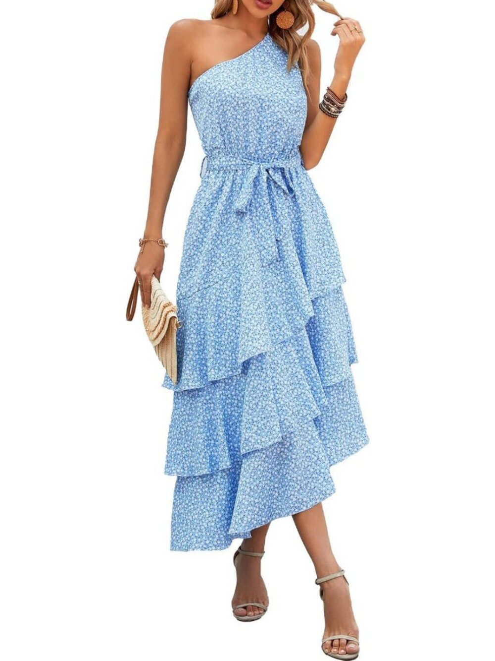 Floral One Shoulder Tiered Ruffle Midi Sundress - Casual Beach Boho Dress